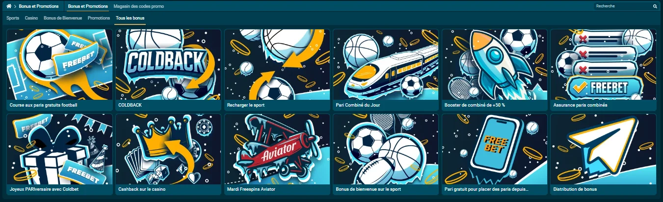 Page des bonus et promotions sur Coldbet avec toutes les offres disponibles