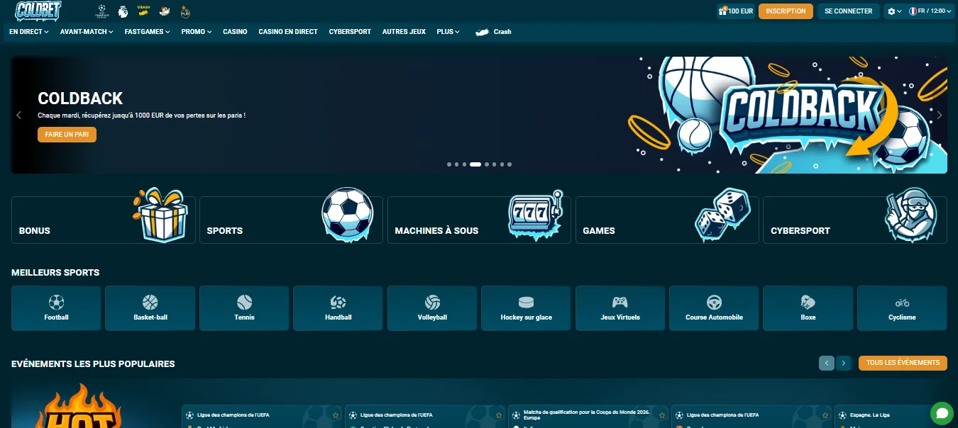 Page d'accueil du site officiel Coldbet avec les catégories sports, casino et bonus