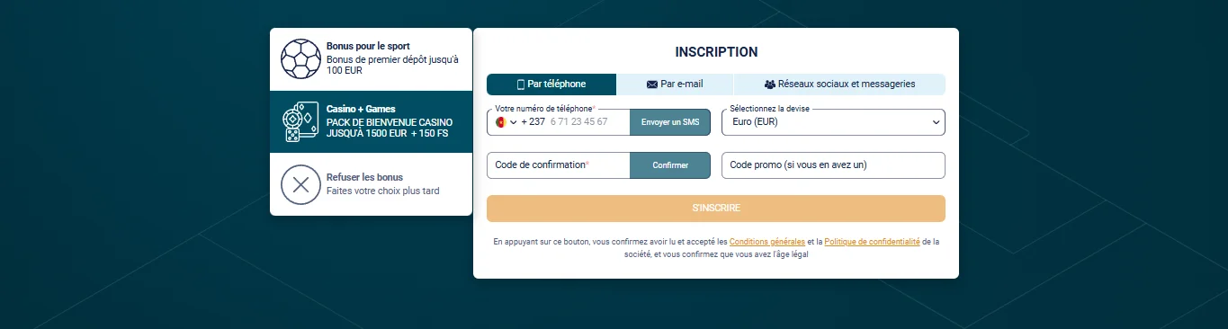 Formulaire d'inscription sur Coldbet avec les options de bonus