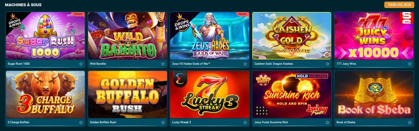 Catalogue de machines à sous sur Coldbet avec Sugar Rush, Wild Bandito et d'autres jeux